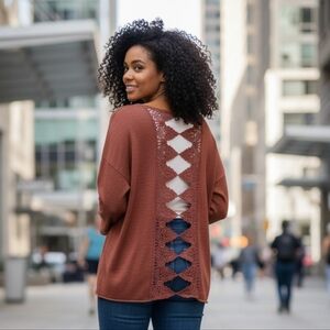 Elegant Rust Cowl Neck Sweater w/ Crochet Back Detail